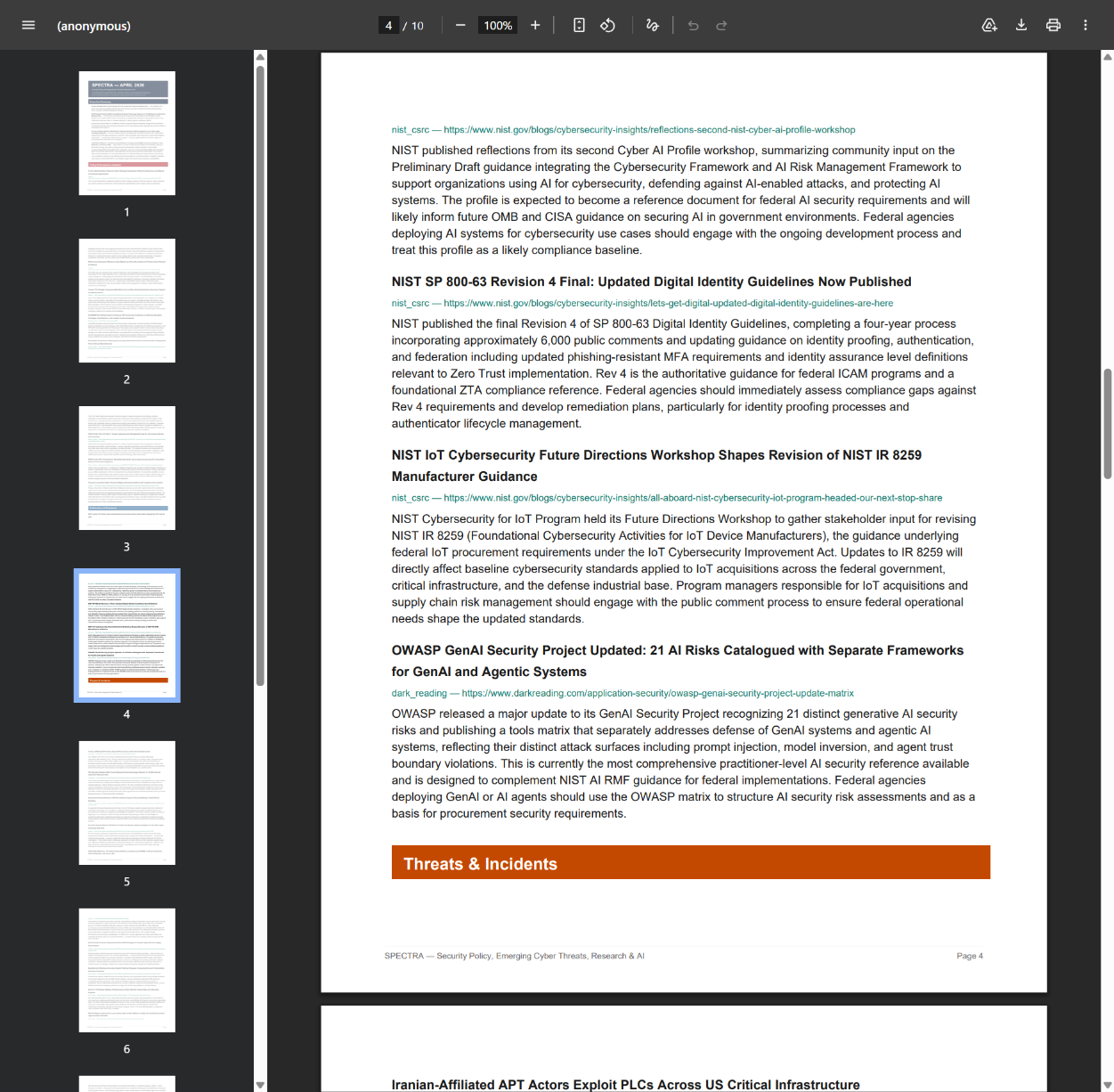 SPECTRA sample PDF mid-document: one of the seven content sections with multiple items, each showing source, score, and summary.