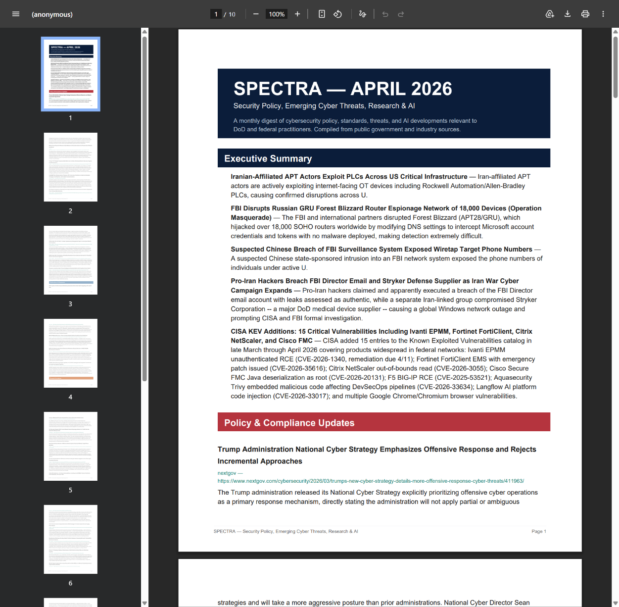 SPECTRA sample PDF page 1: executive summary with the top items from across all sections.